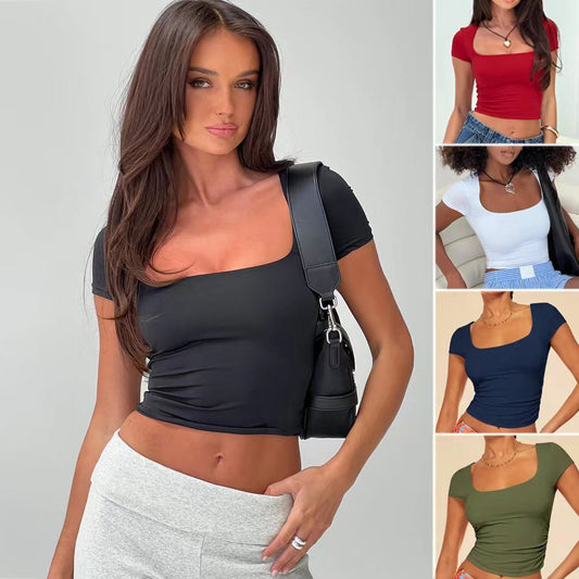 New Slim Short-sleeved T-shirt Summer Fashion Sexy Solid Color Square-neck Tops Womens Clothing