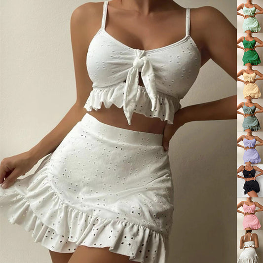 3pcs Beach Bikini With Hip-hugging Skirt Fashion Ruffle Design Swimsuit Set Summer Womens Clothing