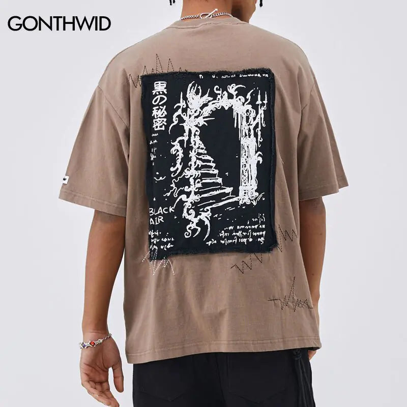 Vintage Punk T-shirt Streetwear Y2K Hip Hop Embroidery Patch Oversize Washed T-Shirt